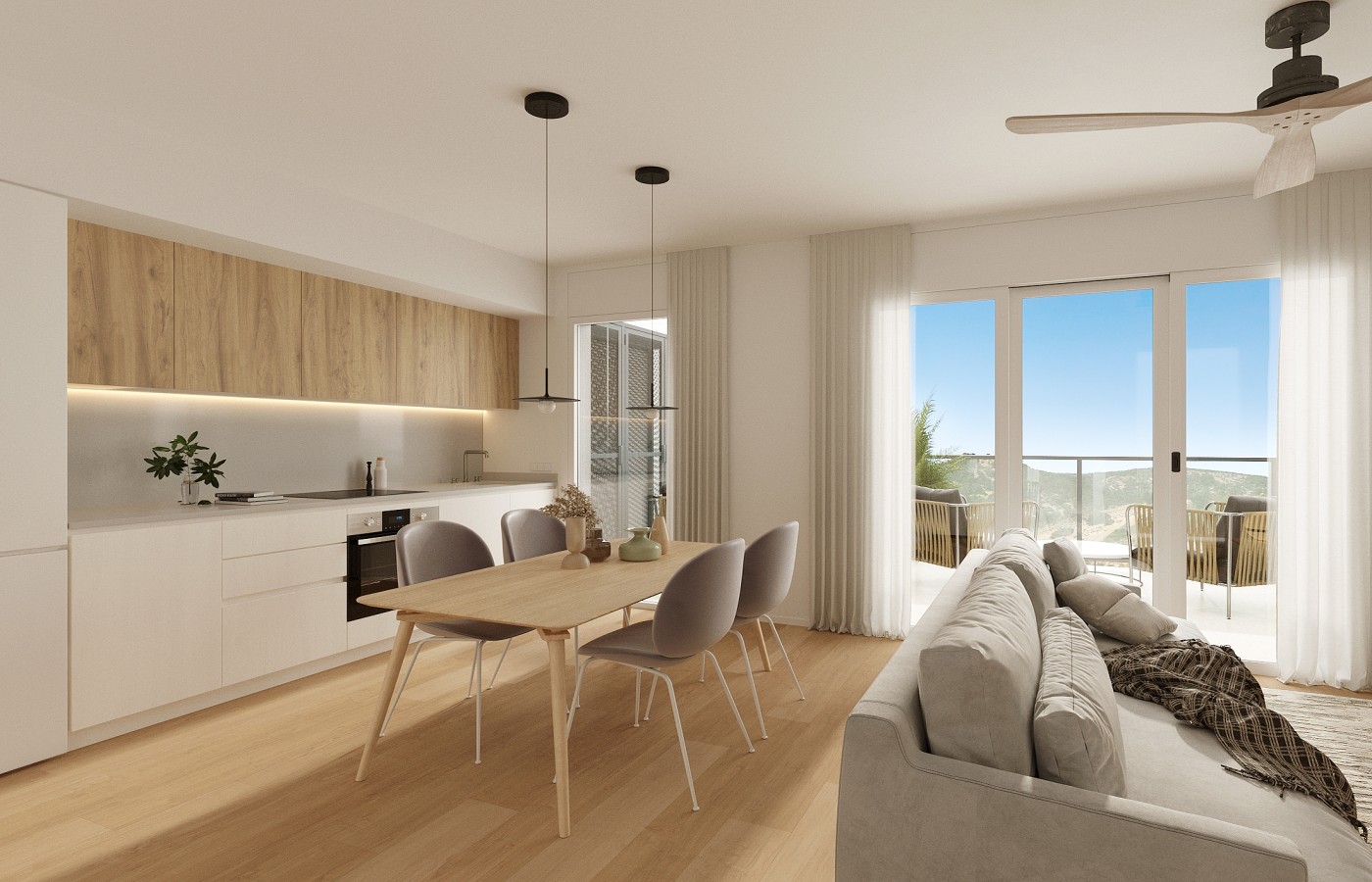 Dining area with kitchen design.